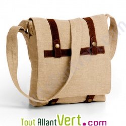 Sac champ�tre � bandouli�re, chanvre bio, naturel et marron, 32x27x12cm