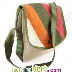 Sac � main arc-en-ciel, chanvre bio, naturel et vert, 26x24x6cm