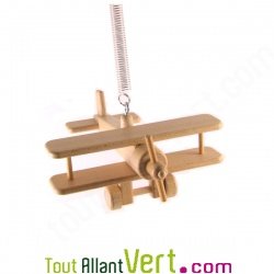 Avion biplan r�tro 1 h�lice en bois naturel � suspendre ou support 15x14x6cm