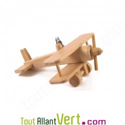 Avion biplan r�tro 1 h�lice en bois naturel � suspendre ou support 15x14x6cm