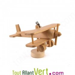 Avion biplan r�tro 1 h�lice en bois naturel � suspendre ou support 15x14x6cm