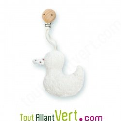 Hochet canard avec clip bois en laine vierge et coton bio, 10 x 10 cm