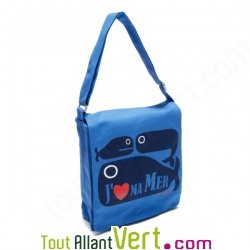 Sac besace bleu coton bio \"J\'aime la mer\" 25 x 23 x 6 cm