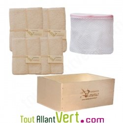 Kit lingettes b�b� lavables coton bio pour le change, filet et boite en bois