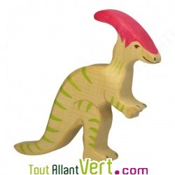 Parasaurolophus en bois, dinosaure blanc et rouge 14 cm