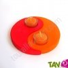 Support de bougies en bois orange/rouge + 2 bougies dans un verre