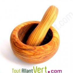 Mortier en bois d\'olivier massif avec pilon, 12cm