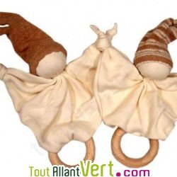 Hochet en coton bio et son anneau en bois