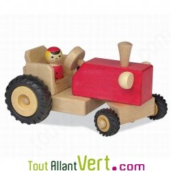 Tracteur rouge et son chauffeur en bois 14x23 cm