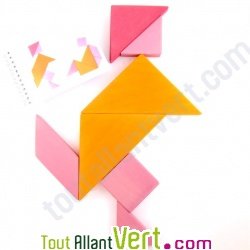 Tangram en bois orange et rose, 23x23 cm