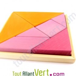 Tangram en bois orange et rose, 23x23 cm
