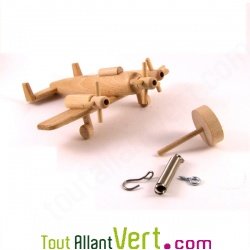 Avion r�tro � 3 h�lices en bois naturel � suspendre ou support 18x17x6cm