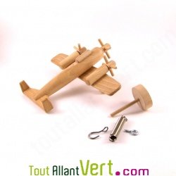 Avion r�tro � 3 h�lices en bois naturel � suspendre ou support 18x17x6cm