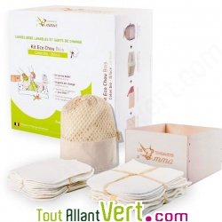 Kit lingettes b�b� lavables Molleton bio pour le change, filet et boite en bois