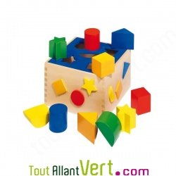 Boite � formes en bois, 10 pi�ces color�es et leur boite en bois, 16 cm