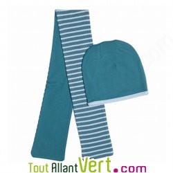 Bonnet b�b� r�versible et �charpe assortie Bleu en coton bio