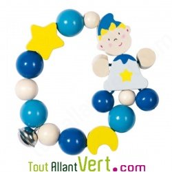 Hochet b�b� bois bleu et clochette sur �lastique, Heimess