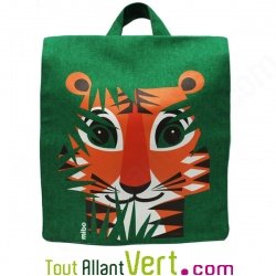Sac � dos enfant vert Tigre en coton bio 23 x 23 x 7,5 cm