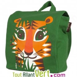 Sac � dos enfant vert Tigre en coton bio 23 x 23 x 7,5 cm