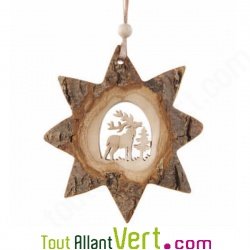 Etoile en bois avec cerf d�coup� dans un tronc d\'arbre, suspension pour No�l