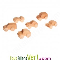 6 petites voitures en bois naturel, 10cm Grimms
