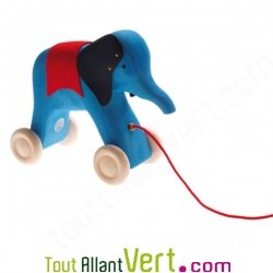 Grand �lephant bleu � tirer en bois, 21 cm