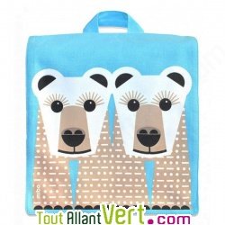 Sac � dos enfant Ours polaire en coton bio fond bleu, 23 x 23 x 7,5 cm