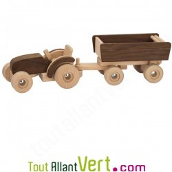 Tracteur et sa remorque en bois naturel, 53cm, 3 ans+