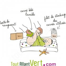 Kit lingettes b�b� lavables coton et molleton bio pour le change, filet et boite en bois