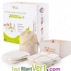 Kit lingettes b�b� lavables coton et molleton bio pour le change, filet et boite en bois