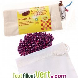 5 Sacs en coton bio pour transporter et conserver c�r�ales et l�gumineuses, 28cm