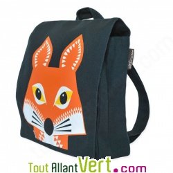 Sac � dos enfant en coton bio Renard orange et ardoise, 23 x 27 x 7,5 cm