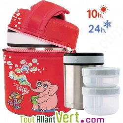 Lunch-box inox isotherme 2 compartiments et housse rouge illustr�e, 1 litre