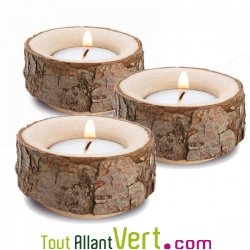 Bougeoirs tronc d\'arbre avec bougies, lot de 3