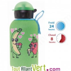 Gourde inox isotherme enfant 0,35 litre avec Housse de protection verte Fruits