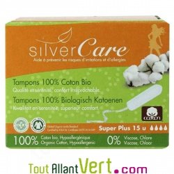Tampons hygi�niques coton bio, Super Plus, sans applicateur, lot de 15, Silvercare