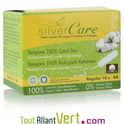 Tampons hygi�niques coton bio, R�gulier, sans applicateur, lot de 18, Silvercare
