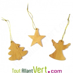 Lot 3 d�corations en bois d\'olivier �toile ange sapin