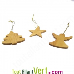 Lot 3 d�corations en bois d\'olivier �toile ange sapin