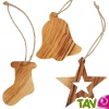 Set de 3 d�corations en bois d'olivier, �toile, botte et cloche