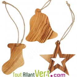 Set de 3 d�corations en bois d\'olivier, �toile, botte et cloche
