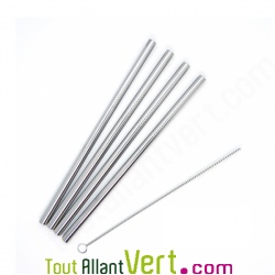 4 Pailles inox droites 19.5cm 7mm rutilisables + goupillon