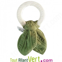 Anneau de dentition b�b� rond avec noeud vert coton bio, caoutchouc naturel