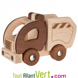 Camion poubelle en bois naturel, 18cm, 2 ans+