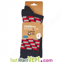 2 paires Chaussettes Coton Bio, marine et cubes rouges 43-46