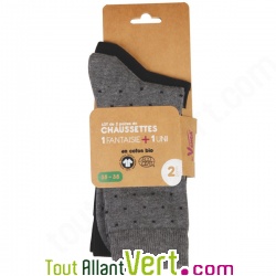 Chaussettes Femme Coton Bio, lot de 2 paires uni noir / pois gris