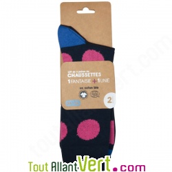 Chaussettes Femme Coton Bio, 2 paires uni marine et grands pois roses