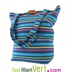 Grand sac cabas en toile ray� bleu et coton Bio