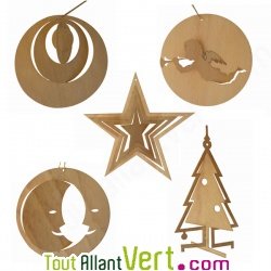 Lot de 5 d�corations de no�l suspensives en 3D pour sapin de No�l en bois