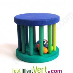Roue en bois avec bille et clochette, vert et bleu